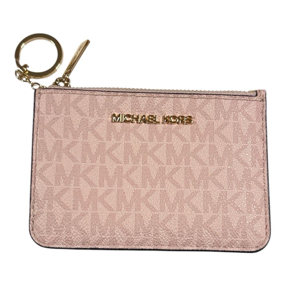 MICHAEL KORS Women's Leather Card Case Wallet Key Ring Pink Signature Print